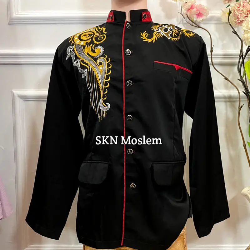 SKN Jasko Bordir Motif KIPAS Baju Jas Koko M L XL XXL 3L 4L 5L Jumbo Pria Kain High Twist Premium Hitam Putih 5