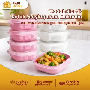RAPI HOME Kotak Penyimpanan Makanan dengan Saringan Food Container Transparan Wadah Plastik Kotak Putih 11.5cm x 11cm x 5cm untuk Buah Sayuran di Dapur