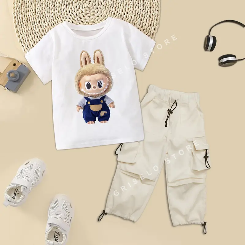 One Set Setelan Anak Perempuan Yoona Cargo Pants dan Kaos Karakter Lucu Usia 1-13 Tahun Unisex 2