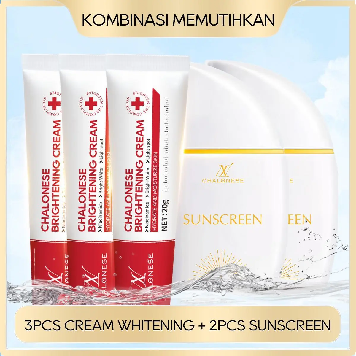 CHALONESE Paket Glow Whitening Series (2 pcs Sunscreen + 3pcs cream whitening )