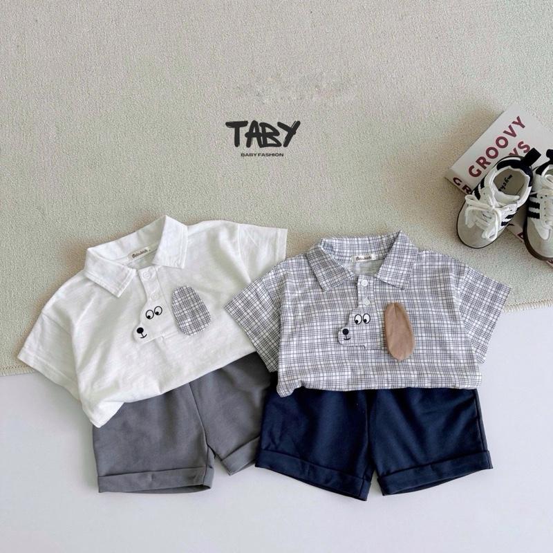   Taby  Set bộ kẻ polo cộc tay style hàn chú cún áo cotton 2 chiều phối quần cotton da cá cho bé 8-22kg SB2367 