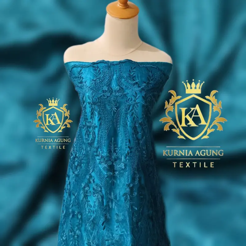 Kain Bahan warna EMERALD BLUE  Kain Bridesmaid Premium Bahan Brokat Satin motif Etnik Sumba Akar Rambat dijual per 50cm 2