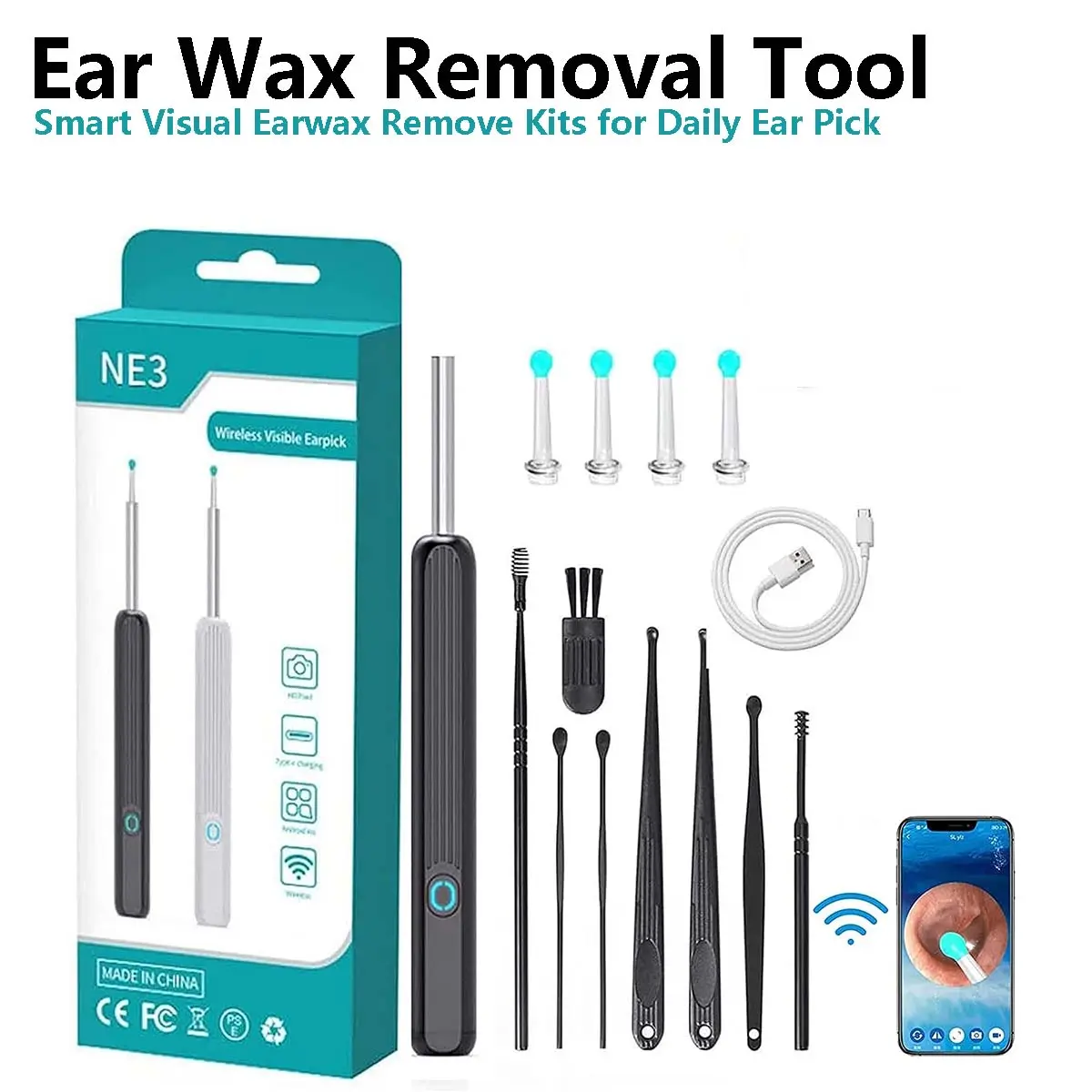 Ear Wax Removal Tool - Ear Cleaner with 1080P Ear Camera, Smart Visual Earwax Remove Kits, Black