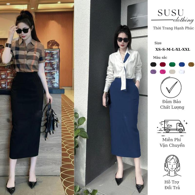 SuSu clothing Chân váy công sở dáng bút chì dài 80cm có túi 2 bên có lót lụa xẻ sau BC túi 80