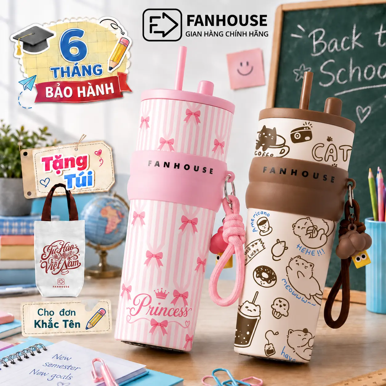 [Tặng Túi Canvas Khi Khắc Tên] Ly giữ nhiệt Candy inox 316 cao cấp, bình giữ nhiệt 710ml có ống hút Fan House khắc tên theo yêu cầu