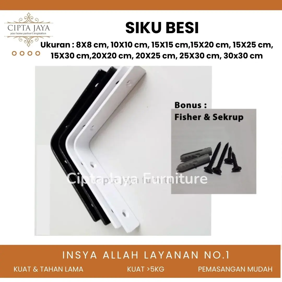 Cipta Jaya - Siku Briket Plat Besi Rak Ambalan Dinding Tempel Hitam Putih Lebar 2,5 cm