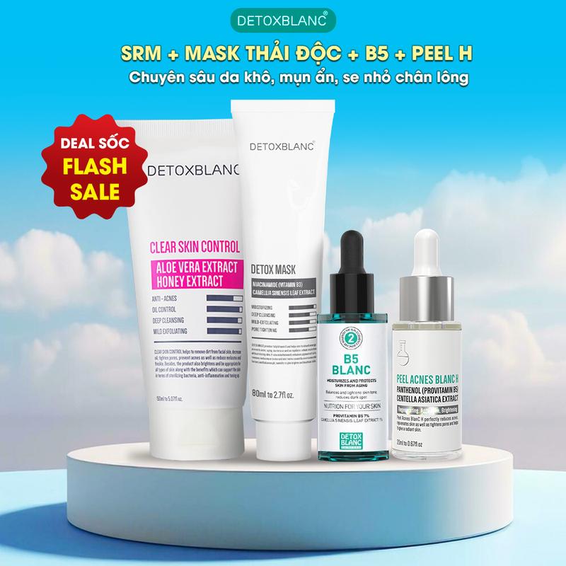 [ Combo Da Khô + Dầu Nhờn ] Combo Mụn ẩn, viêm, se nhỏ lcl , thâm da : Detox Mask Thải Độc  Serum Peel Lộc Đề H 20ml  + Serum Phục Hồi B5 Detoxblanc + Sữa rửa mặt dịu nhẹ cho da mụn 150 ml Skincare