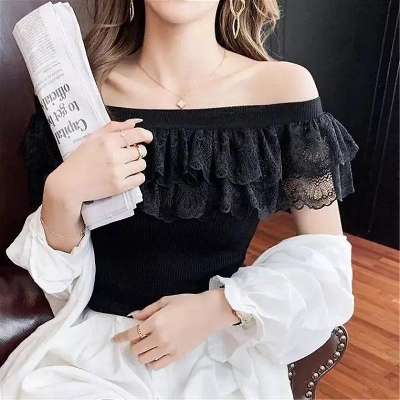 Áo Thun Thường Ngày Gợi Cảm, Chất Liệu Gạc Chắp Vá, ngắn Tay, Thiết Kế Trễ Vai Và Xẻ Tà, Dáng Ôm, Thích Hợp Cho Mùa Hè 3