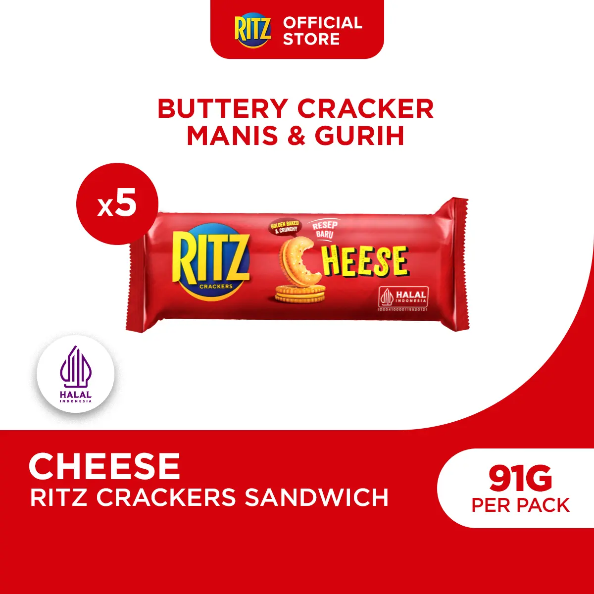 Ritz Crackers Cheese / Chocolate 91g (Paket Isi 5), Crackers dengan Krim Rasa Keju / Cokelat