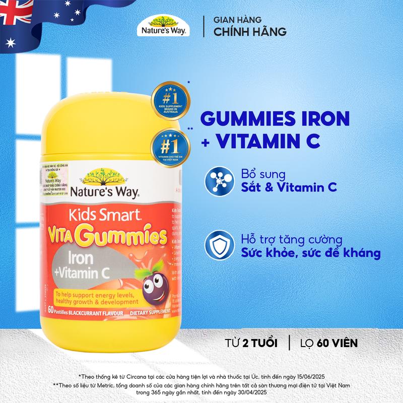  Gummies sắt Nature's way kids Smart Vita Gummies Iron và Vitamin C 60 viên Kẹo Dẻo Bổ Sung Sắt Hữu Cơ và Vitamin C Cho Trẻ em 