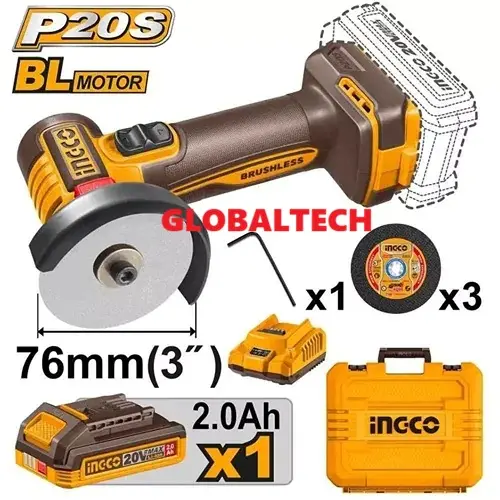 INGCO CAGLI207625 MESIN GERINDA 3" 20V CORDLESS MINI ANGLE GRINDER KOMPLIT