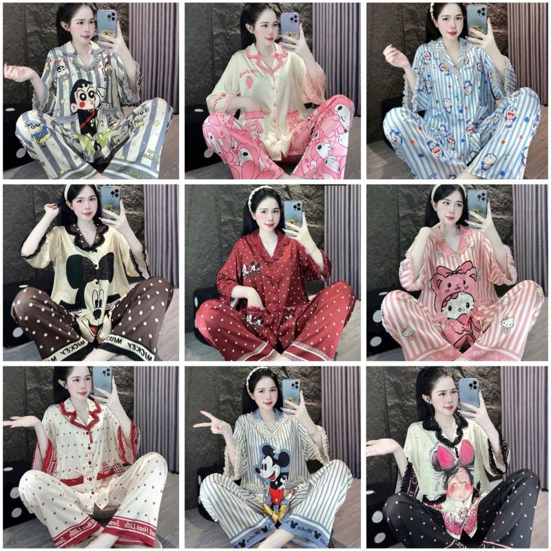   55-80kg  Set Bộ pijama Tay Lỡ Phối Viền Ren Quần dài hot hit hình  Dễ Thương chất lụa Latin cao cấp Bigsize Nữ 
