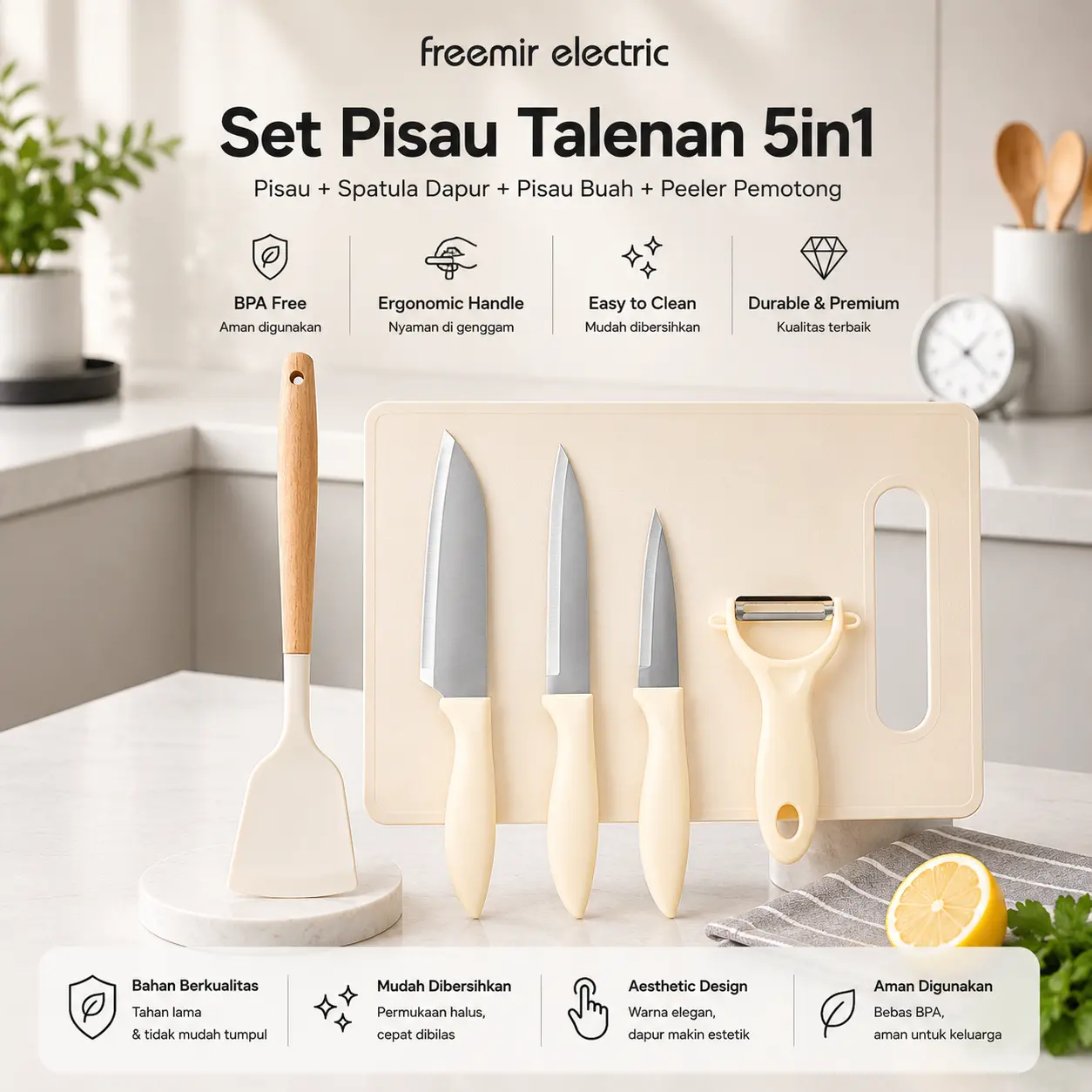 freemir Set Pisau Talenan 5in1 Pisau + Spatula Dapur Pisau Buah Peeler Pemotong Kitchenware Multifungsi