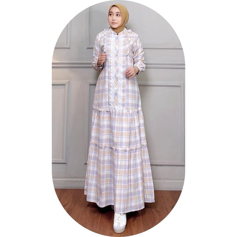 MOZHASHAFURA. Cloth - KIARA DRESS Bahan Katun Kotak Triset Doby Halus Lembut Gamis Muslim Basic Casual Kancing Busui Wudhu Friendly Variasi Renda Bordir Mewah 7