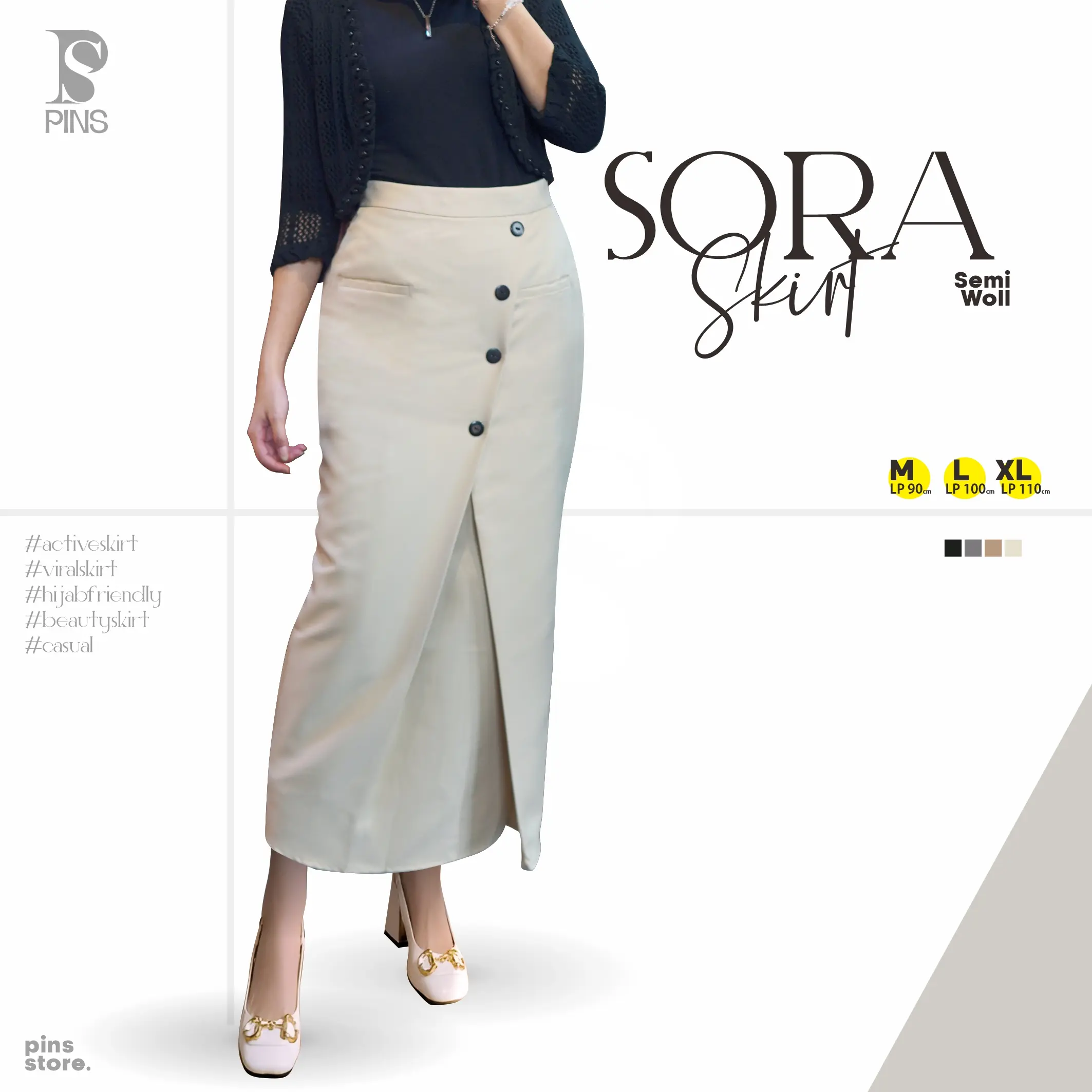 PINS Sora Skirt Panjang - Rok Span Wanita Slim-fitting - Semi Wool - Basic Simple Nyaman - Rok Kancing Depan - Bawahan Kerja Kantor Korean style - Warna Hitam Coklat ivory Formal
