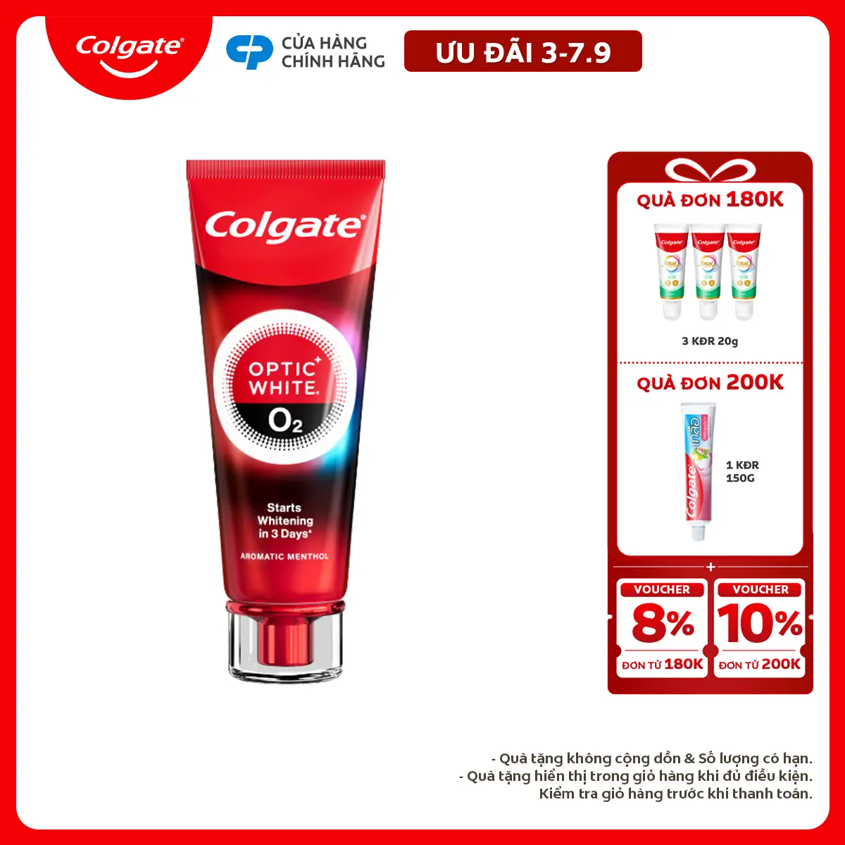 [Ưu đãi 3-7.9] Kem Đánh Răng Colgate trắng răng đột phá CHỈ TRONG 3 NGÀY Optic White O2 với Oxy Hoạt Tính 85g/ tuýp