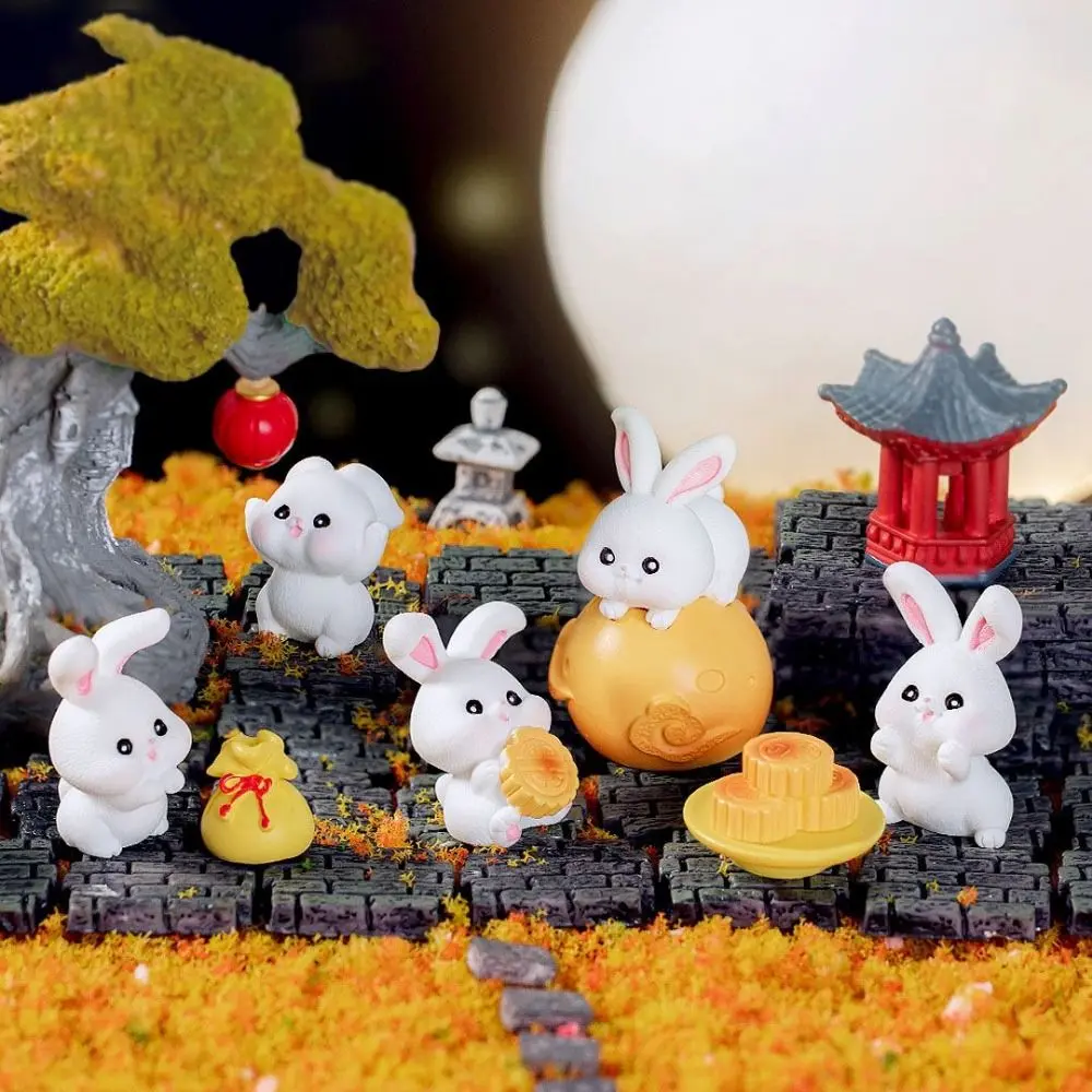 Realistic Micro Landscape Rabbit Figurines Handmade Resin Bunny Ornaments Mini Cartoon Moon Cake Model Home Decor