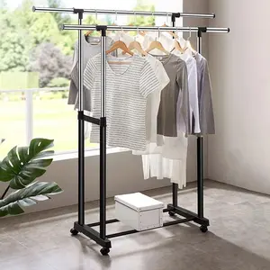 Double Stand Hanger Stainless Steel dengan Roda Gantungan Baju Modern dan Irit Tempat Cocok untuk Rumah Kantor Silver + Roda