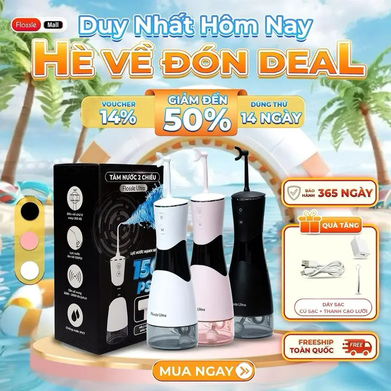 Tăm Nước Flossie Ultra - Máy Tăm Nước 2 Chiều - Tặng 1 cạo lưỡi + 1 cục sạc + 1 dây sạc type c