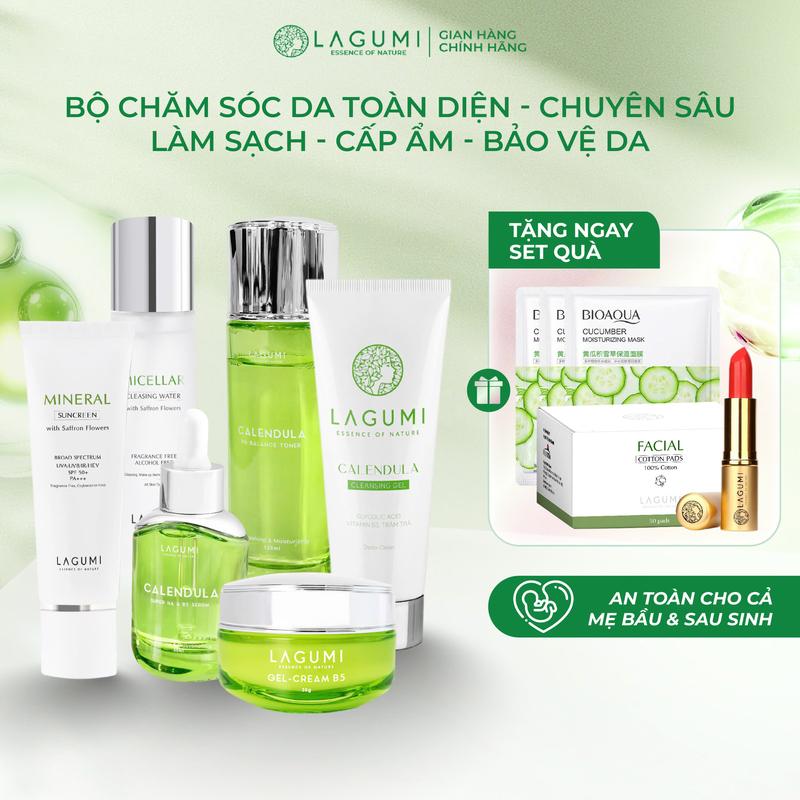 [LAGUMI] COMBO 6 chăm sóc da toàn diện cho mẹ bầu: gồm Tẩy trang, Sữa rửa mặt, Toner, Serum, Kem dưỡng, Kem chống nắng Lagumi dành cho da dầu mụn, an toàn cho mẹ bầu