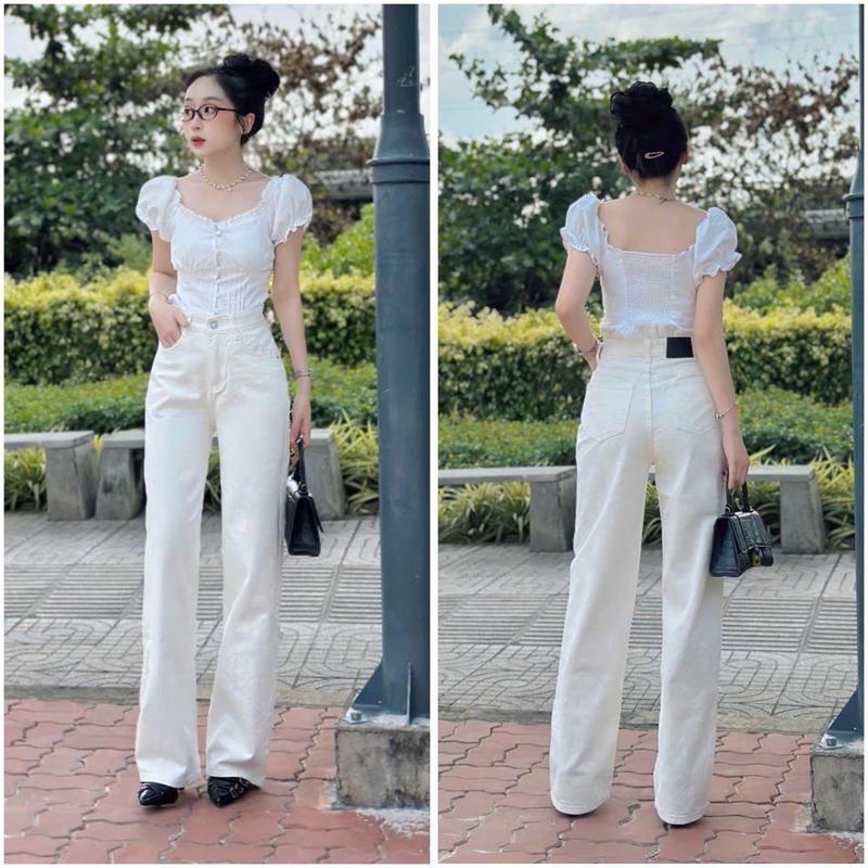 Quần KaKi Jeans Trắng Trơn Phom Dài 105cm 38-65kg Phong Cách Đơn Giản Thoải Mái Lưng Cao Hack Dáng Nữ Suông Mềm Mịn