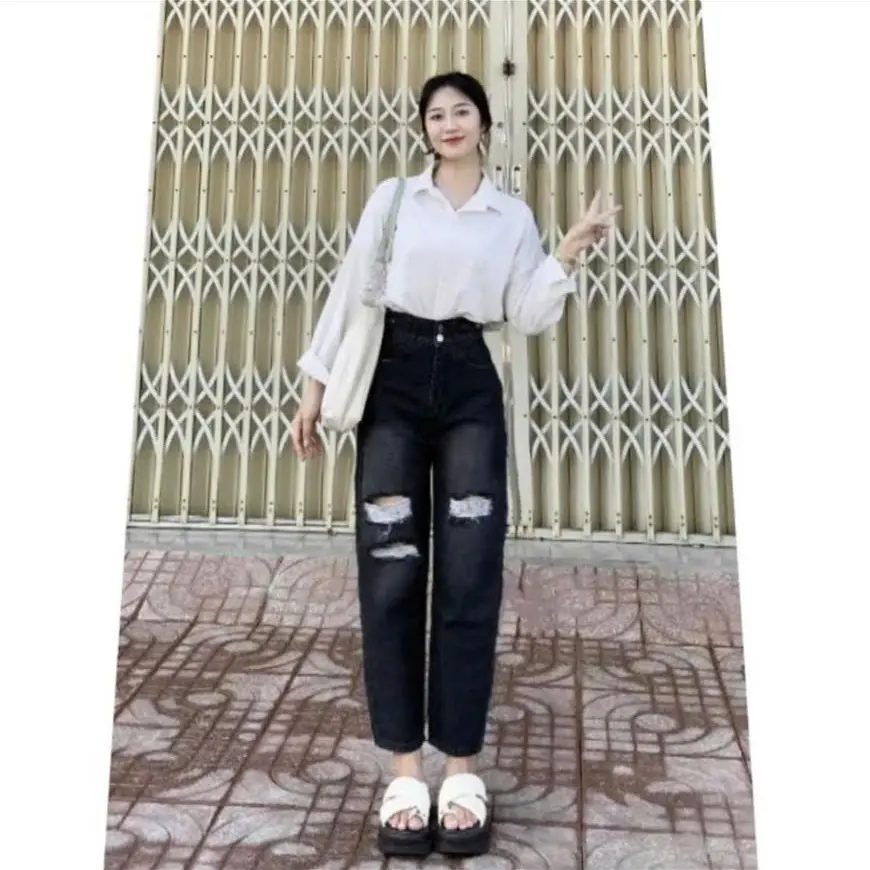 Quần Jean Baggy Rách 2 Bên Đùi Lưng Cao Cá Tính Trẻ Trung Dễ Diện Cho Nữ - Vải Dày Mềm Mại