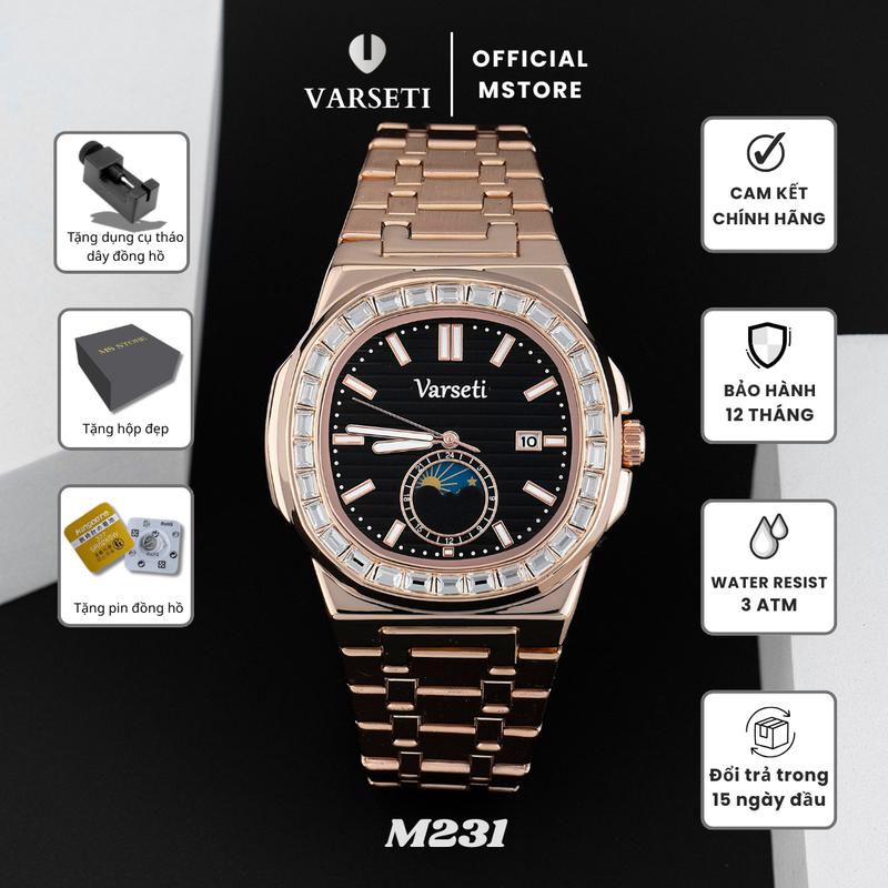 Deal Xả Kho Độc Quyền ĐÌNH TRƯỞNG M231 – Đồng hồ pin Varseti Quartz nam dây thép mạ vàng – Mặt đen vân ngang sang trọng lịch ngày 3h lịch trăng Moonphase – Phong cách doanh nhân