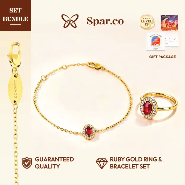 Spar.co Gelang Wanita Set Perhiasan Cincin Batu Bracelet Cantik Lapis Emas Kado Ulang Tahun Hadiah Anniversary Cincin Ruby SP-1388+1405