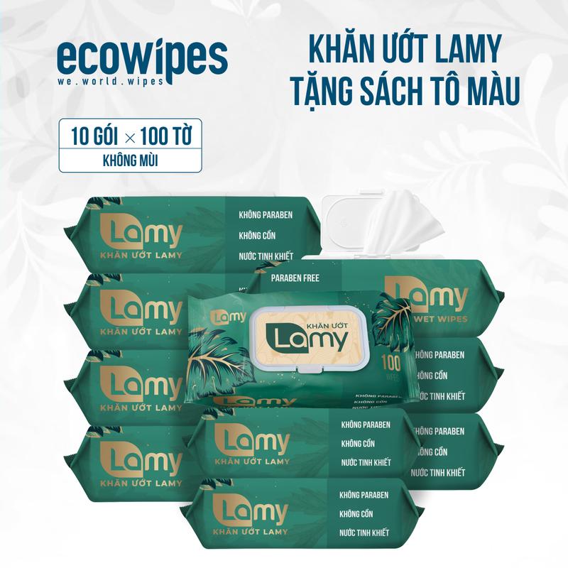 Lamy - Thùng 10 gói khăn ướt x 100 tờ - Không cồn không parabens cao cấp Cho Bé