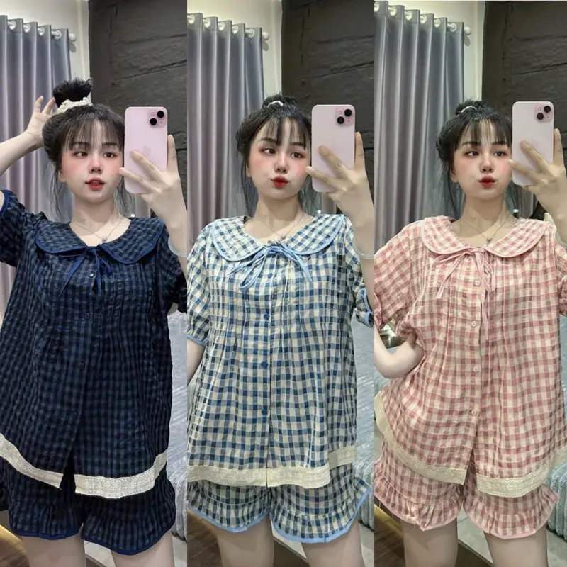 [Bigsize 65 - 95kg] Set Bộ Đùi BABYDOLL Kẻ Caro Áo Cổ Sen Cột Nơ Tay Ngắn Quần Đùi Fom Rộng, Chất Đũi