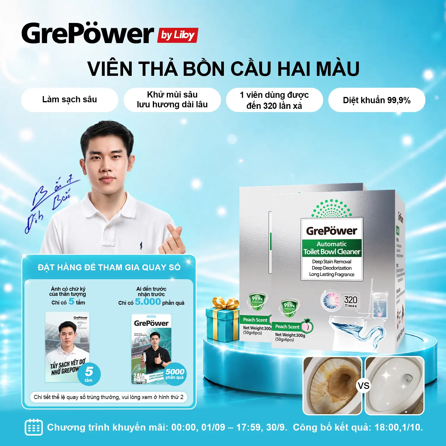 Grepower Viên Thả Bồn Cầu Liby 2 Màu – GẤP ĐÔI HIỆU QUẢ: Vừa TẨY CẶN vừa KHỬ MÙI!-D1