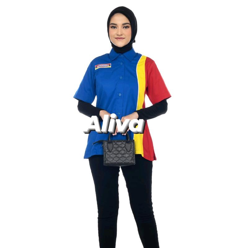 Kemeja Seragam Kerja Pria Wanita Baju Karyawan Indomaret Bordir Katun Pendek 3