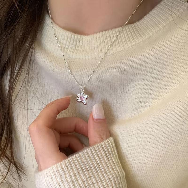 Product Introduction of Vòng Cổ Mặt Dây Chuyền Ngôi Sao, Thời Trang, Màu Bạc, Dành Cho Phụ Nữ Và Trẻ Em Gái, Zircon Màu Hồng Sáng Bóng, Y2K Tinh Tế Và Dễ Thương, Dây Chuyền Ngôi Sao, Đồ Trang Sức Hàn Quốc, Tuyệt Vời Làm Quà Tặng 4