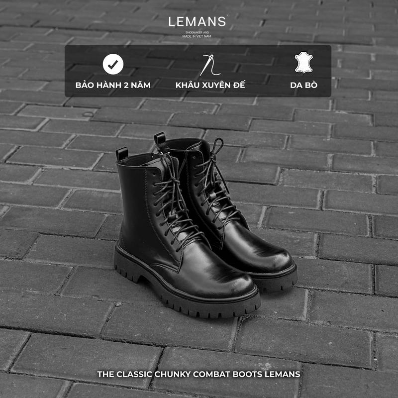  Giày da bò The Classic Chunky Combat Boots LEMANS CBB01 - Da bò nguyên tấm - Đế Chunky cao cấp cao 5cm - Bảo hành chính hãng 24 tháng Cao Su Đế Cao 