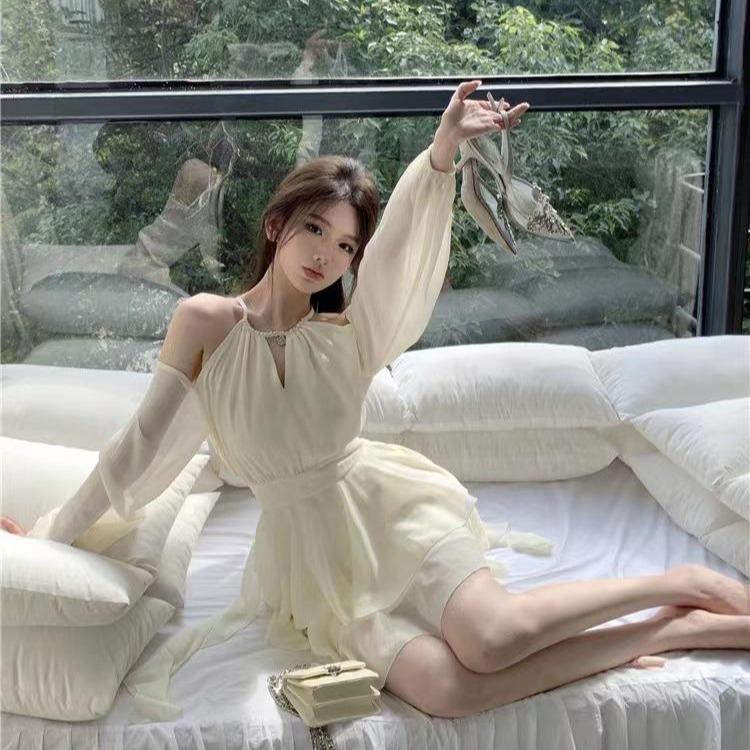 Váy Ngắn, Phong Cách Ngọt Ngào Đơn Giản, Màu Mơ Pháp, Dài Tay, Thích Hợp Cho Kỳ Nghỉ, Mùa Hè, Mỏng Vừa Vặn, Siêu Thanh Lịch, Váy Bánh Xếp Nhún, Phong Cách Hàng Ngày Nữ Women đầm  trắng váy  liền 1