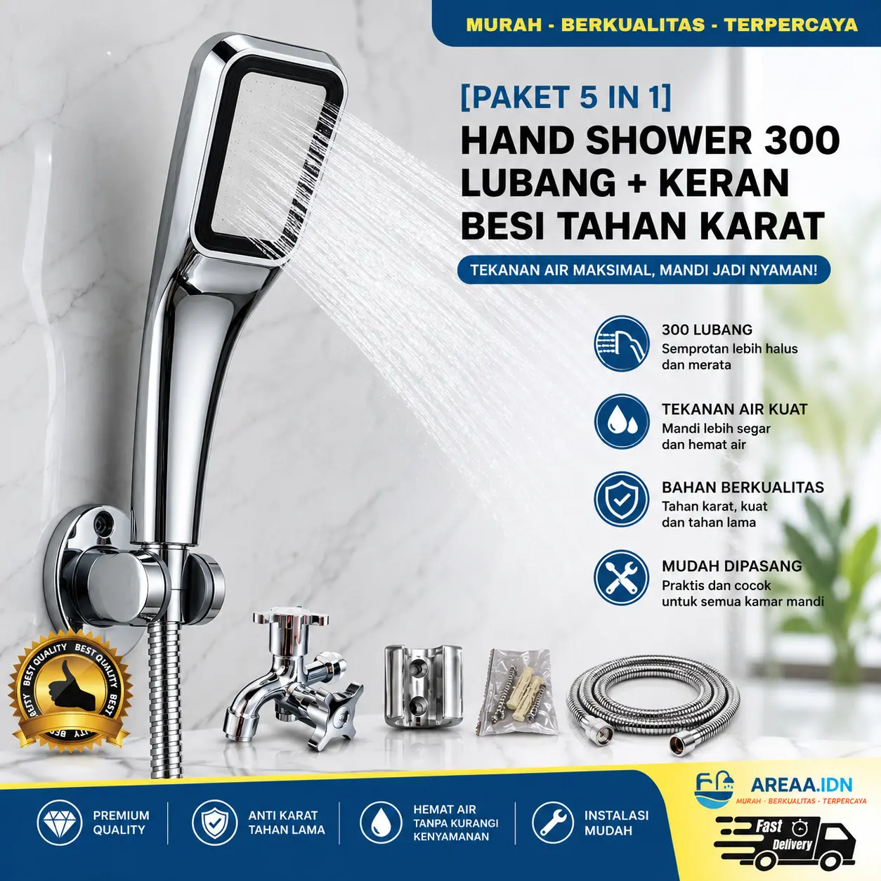 [PAKET 5 IN 1] Hand Shower Kamar Mandi 300 Lubang Full Set Kran Cabang Besi Anti Karat + Selang + Holder Dinding Tekanan Air Kencang