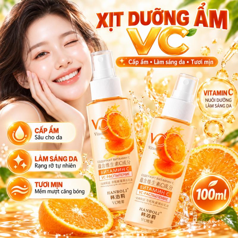 HANBOLI VC Vitamin C Nước Hoa Hồng Dạng Xịt 100ml – Toner Dưỡng Ẩm Làm Sáng Da, Hỗ Trợ Cải Thiện Da Xỉn Màu, Cấp Nước Cho Da Mềm Mịn, Toner Dùng Trước Makeup, Chăm Sóc Da Hằng Ngày