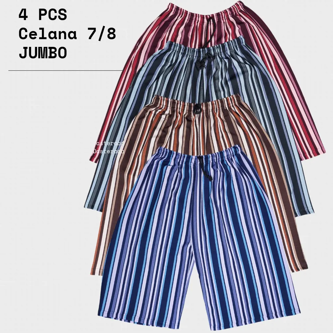4 Pcs Celana Kulot 7/8 Jumbo Motif Salur Bahan Wafle [] Celana Ibu Jumbo Bawah Lutut [] Kulot Jumbo Random