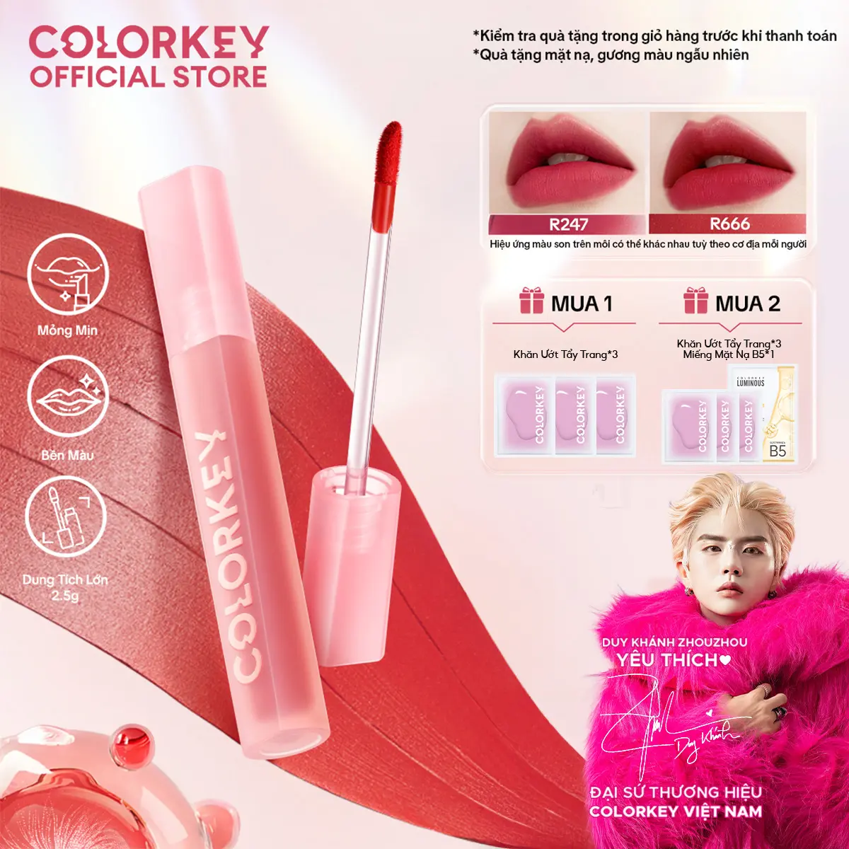 Son Kem Velvet COLORKEY Phiên Bản 2.5 Chất Son Mỏng Mịn, Bền Màu Mềm Mượt Trên Môi 2.5g