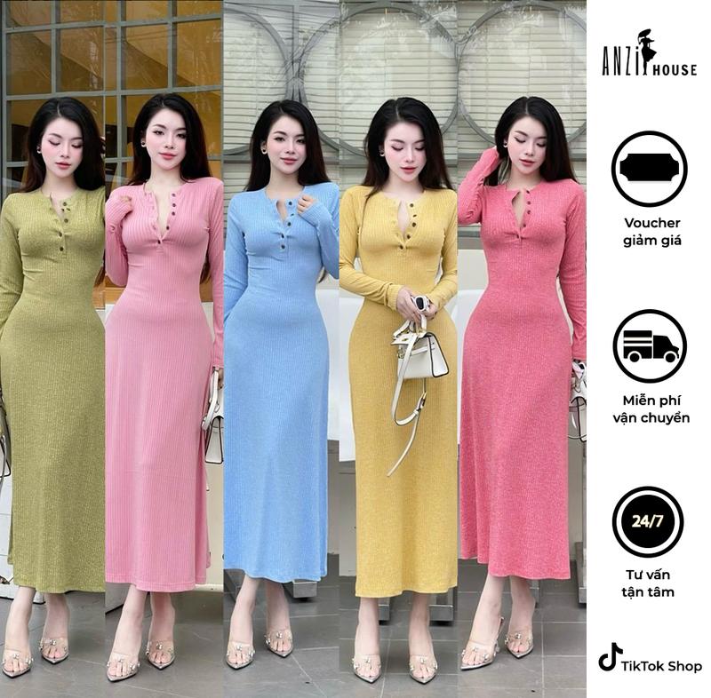 [ANZi House] Đầm Xoè Body Tay Dài Tôn Dáng, Cổ Trụ, Vải Gân Đũa Lạnh CD Quảng Châu Mới, Co Giãn Mát Mẻ, Dành Cho Phụ Nữ – Màu Đỏ