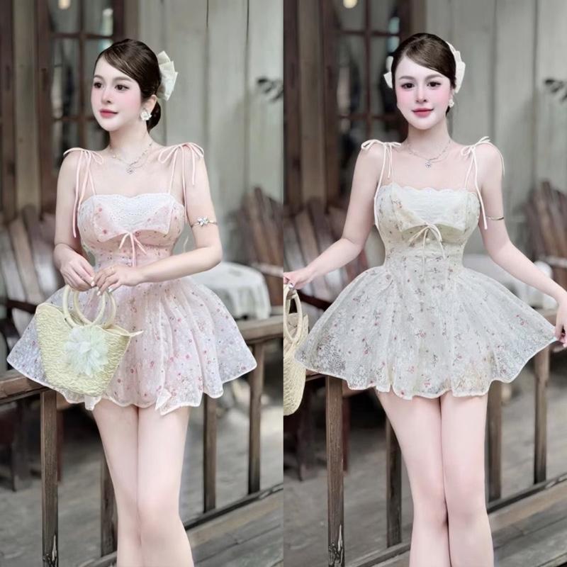 Đầm hoa xoè form ngắn 2 dây phối ren bồng KÈM QUẦN kho sỉ hải chuyền Đ559