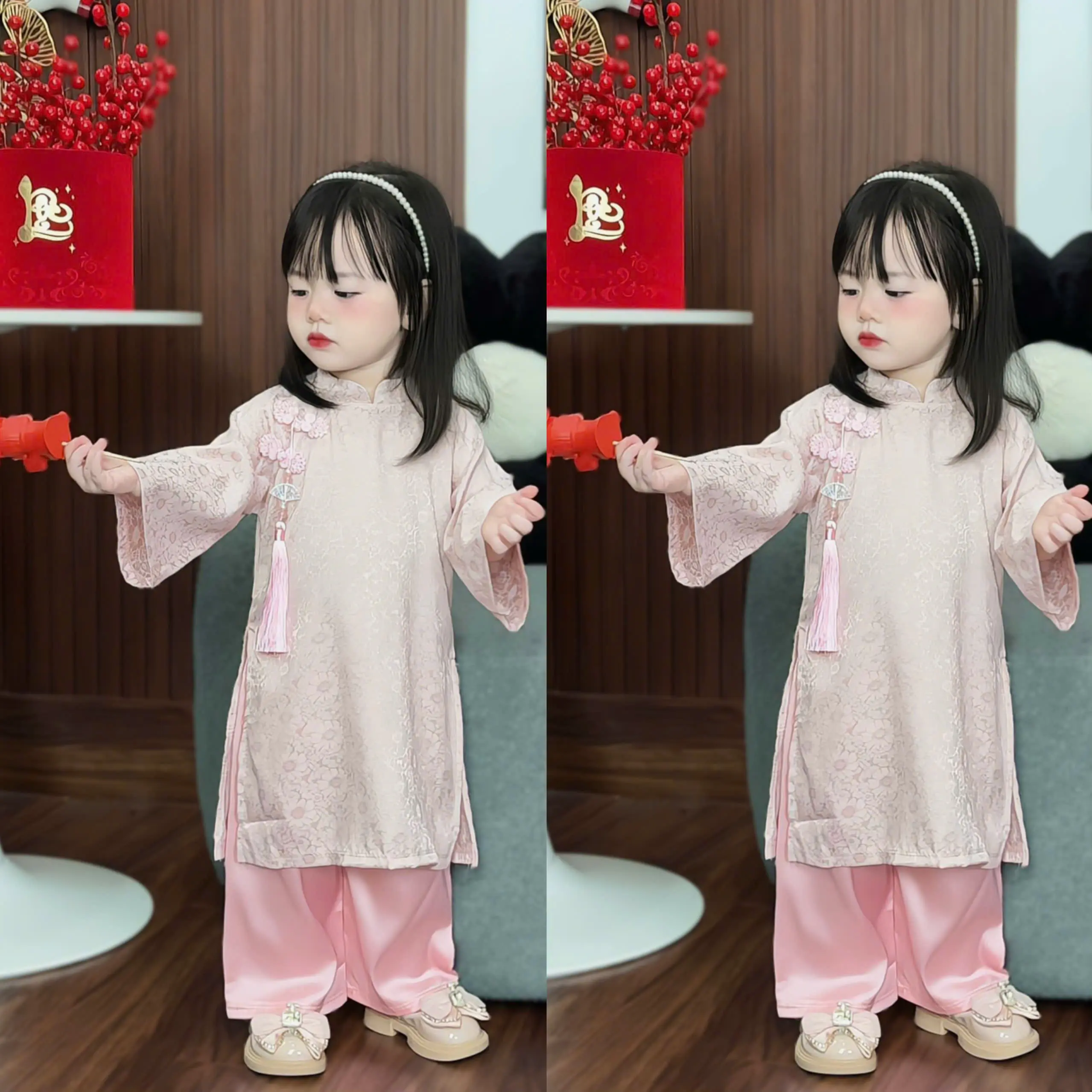 [Kho Sỉ Anh Đức x Tặng Bờm]Set Áo Dài 6-30kg Lụa Cách Tân Bé Gái Hoa Nhí Đính Tua Rua 2 Màu , Quần Lụa Mềm – Trang Phục Truyền Thống