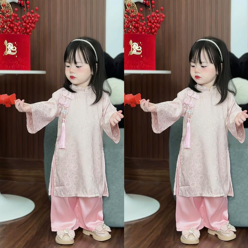Kho Sỉ Anh Đức x Tặng Bờm Set Áo Dài 6-30kg Lụa Cách Tân Bé Gái Hoa Nhí Đính Tua Rua 2 Màu Quần Lụa Mềm – Trang Phục Truyền Thống