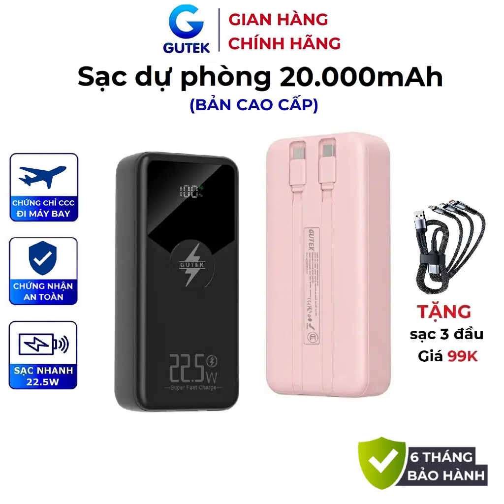 [Tặng sạc 3 đầu] Pin sạc dự phòng 20000mAh sạc nhanh 22,5W tích hợp dây cáp - Gutek GT229
