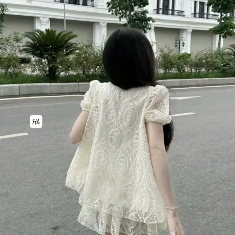 Sét ren hoa cổ đá tay bồng tiểu thư siêu xinh vải ren hoa lót 2 lớp mặc cực xinh by Ku 4