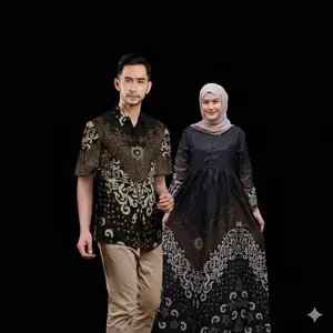 Baju Batik Couple Modern - Sarimbit Batik Kondangan Kekinian - Couple Gamis Batik dan Kemeja Polyester Dewasa Katun Motif Muslim Panjang Pasangan Dress Keluarga Seragam Kombinasi Wanita Lebaran Ibu Pesta
