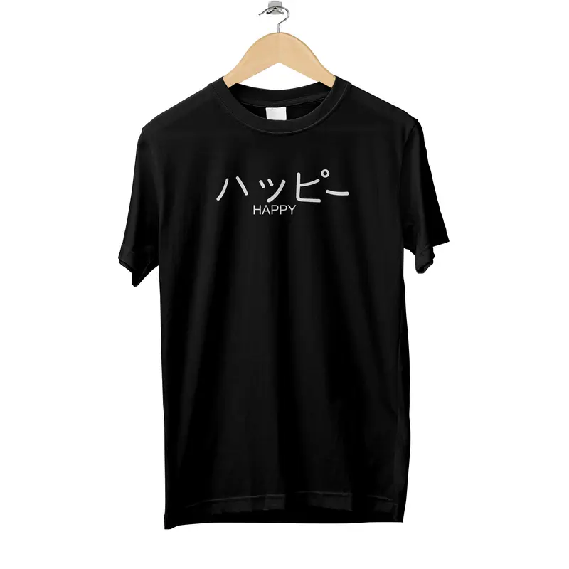 Kaos Tulisan Jepang Happy Baju Distro Pria Atasan Cewek Murah Nyaman 0