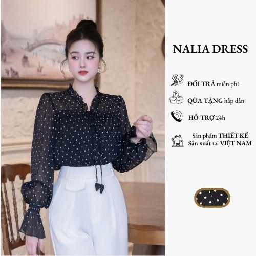 NALIA INNE - Áo sơ mi dài tay vải voan chấm bi tròn cổ bèo phối dây thắt nơ điệu