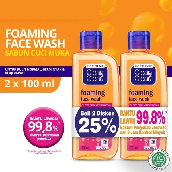 Clean & Clear Foaming Face Wash (100 ML x 2)- Sabun Wajah Dengan Busa Lembut
