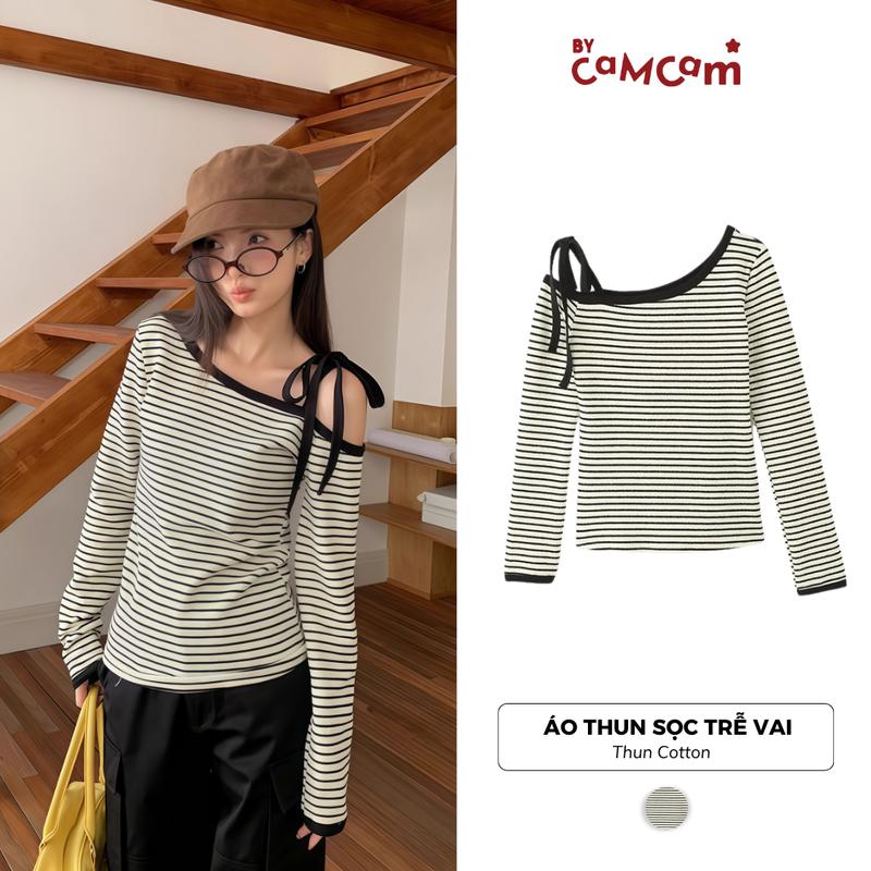 Áo Thun Sọc Trễ Vai BYCAMCAM Phối Dây Buộc Nơ Nữ Tính ATD324